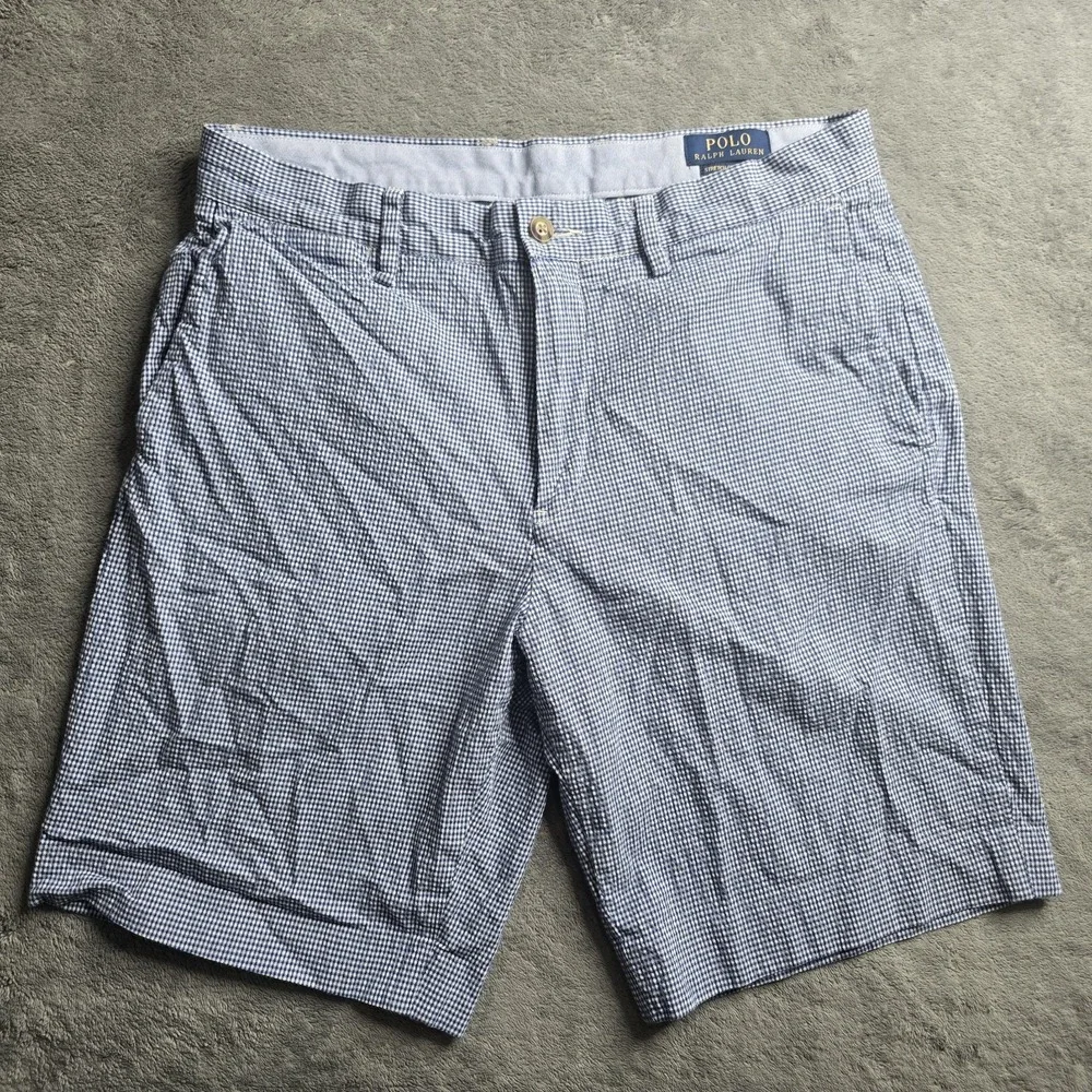 Polo Ralph Lauren Shorts Men 30 (32) Blue White Check Stretch Classic Flesh Pony